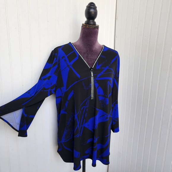 Joseph Ribkoff Edgy V-neck Zipper Top Style  Blue Black Blouse Sz 14 - Picture 7 of 16